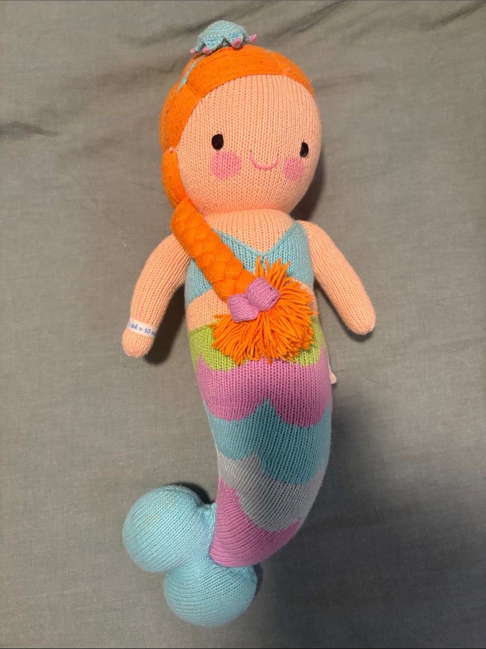Cuddle and Kind Peru Hand-Knit Mermaid Plush Toy - Orange Hair, Pastel Tail